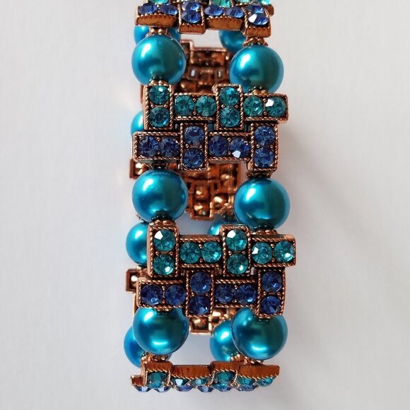 Hand Crafted Pearl/Rhinestone Bracelet & Drop Earrings Cerulean Blue-Royal Blue - Picture 6 of 11